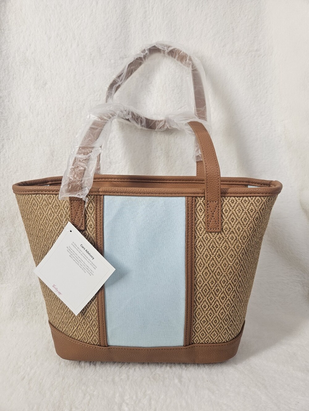 thirty-one Tan Straw Look Tote with Light Blue Panel